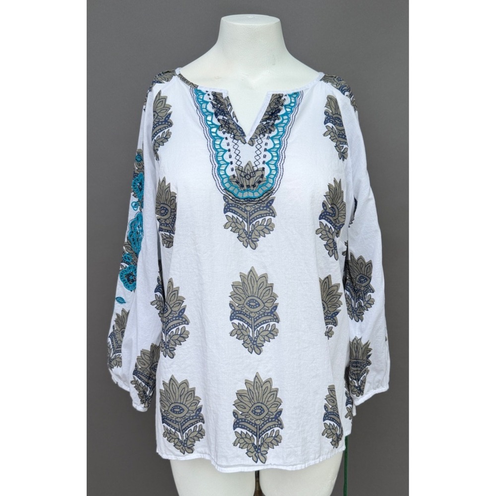 Talbots White‎ Blue Medallion Long Sleeve XL 100% Cotton Boho Cottage Peasant